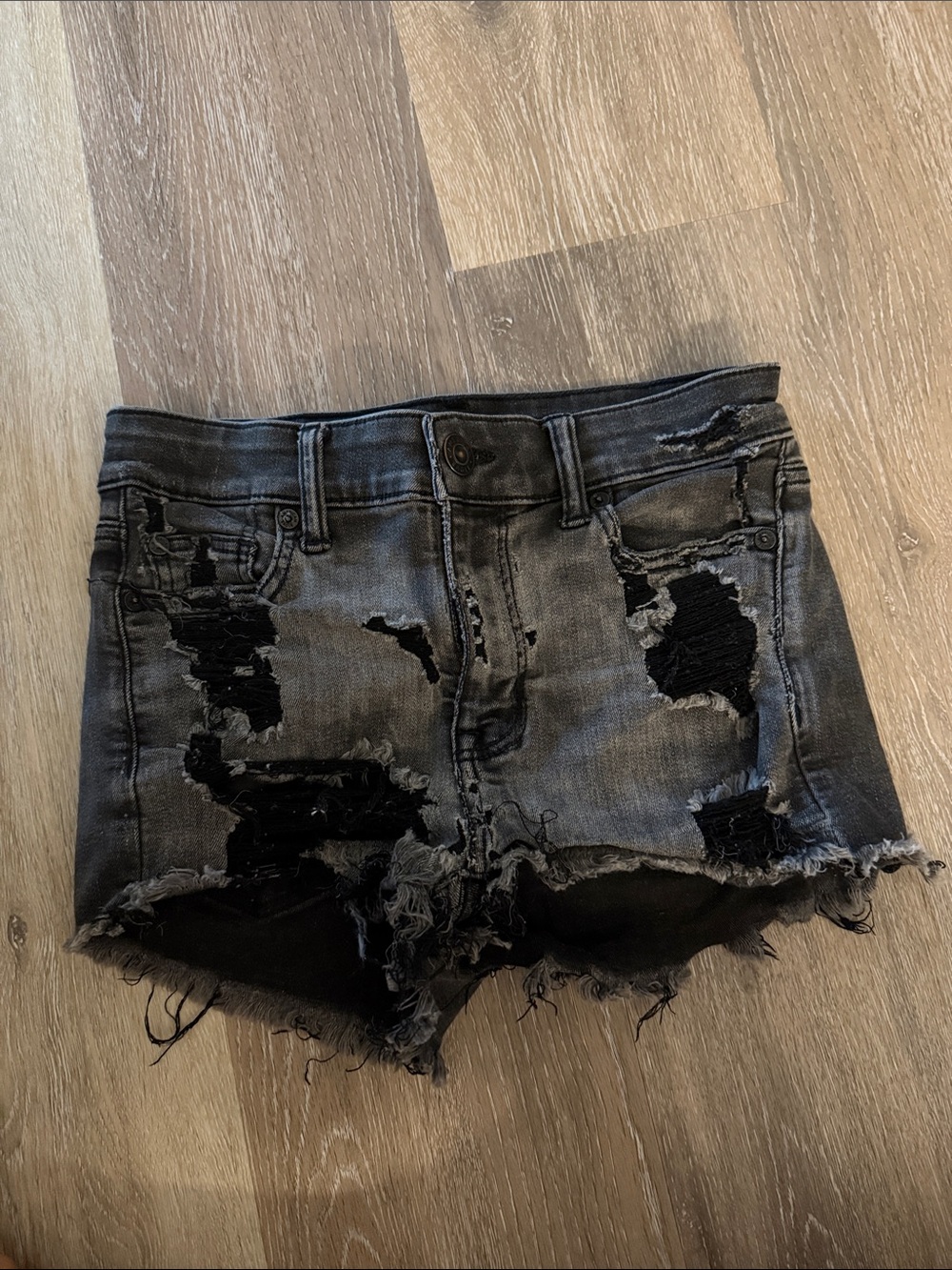 American Eagle Outfitters Distressed Black/Grey Denim Cutoff Shorts